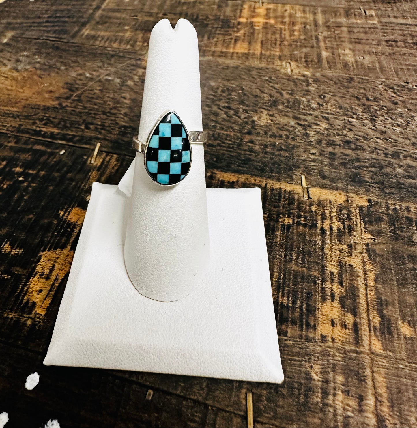 Blue Turquoise & Black Onyx Checkerboard Ring