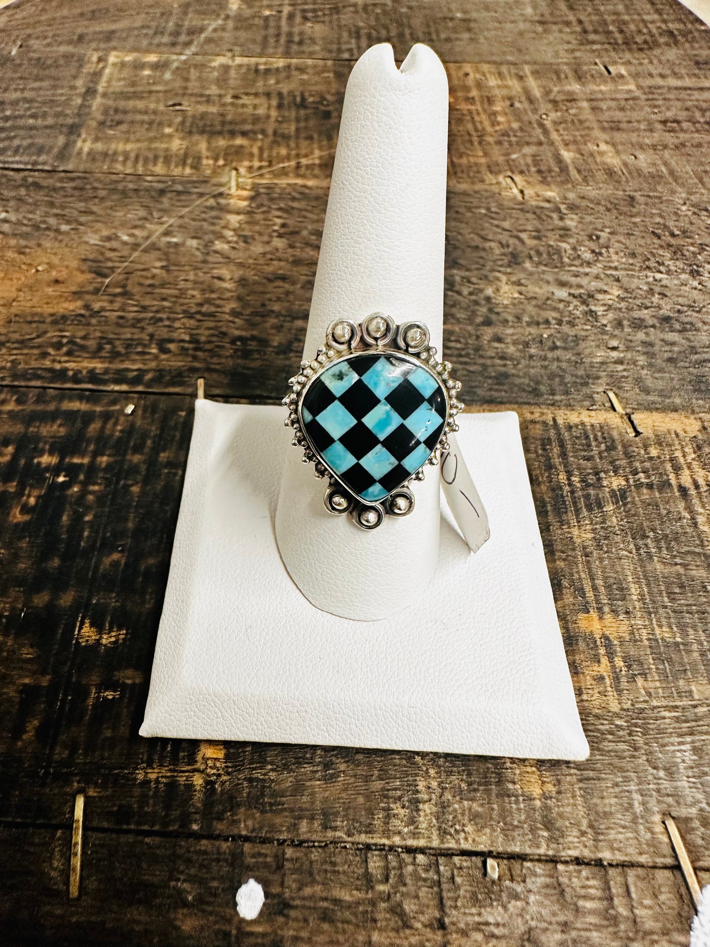 Black and Turquoise checkerboard Ring